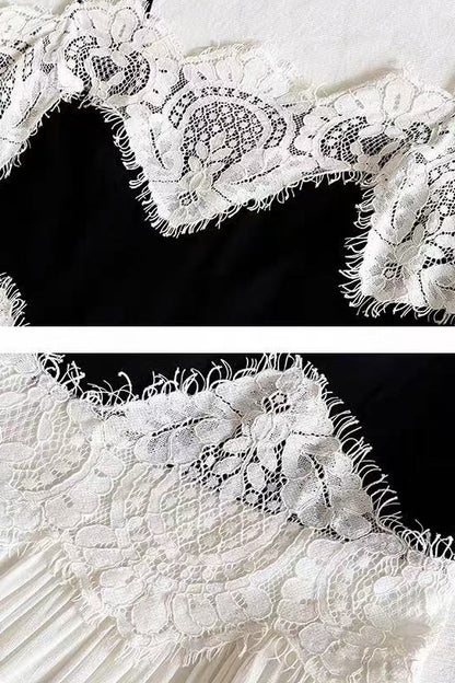 Black & White Lace Tiered Spaghetti Strap Maxi Dress