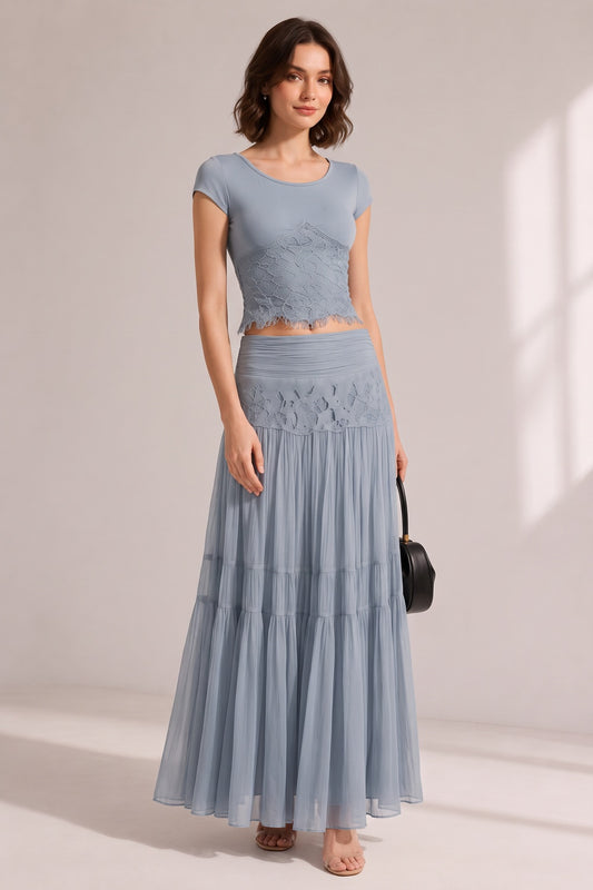 Dusty Blue Lace Ribbed Crop Top Tiered Pleated Midi Skirt Two-Piece Set