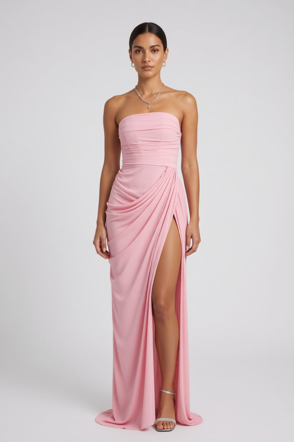 Pastel Pink Lightweight woven crepe or chiffon Column with asymmetric side drape Evening Gown Pastel Pink Lightweight woven crepe or chiffon Evening Gown - product view 1