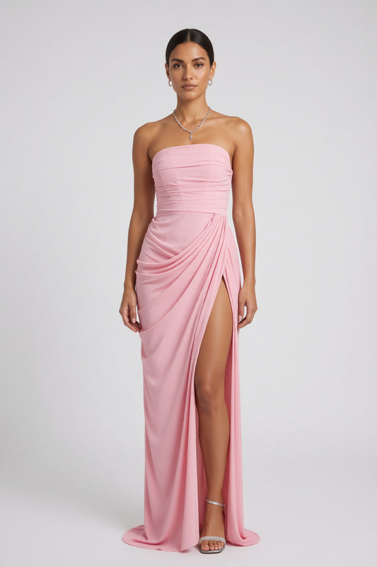 Pastel Pink Lightweight woven crepe or chiffon Column with asymmetric side drape Evening Gown Pastel Pink Lightweight woven crepe or chiffon Evening Gown - product view 1