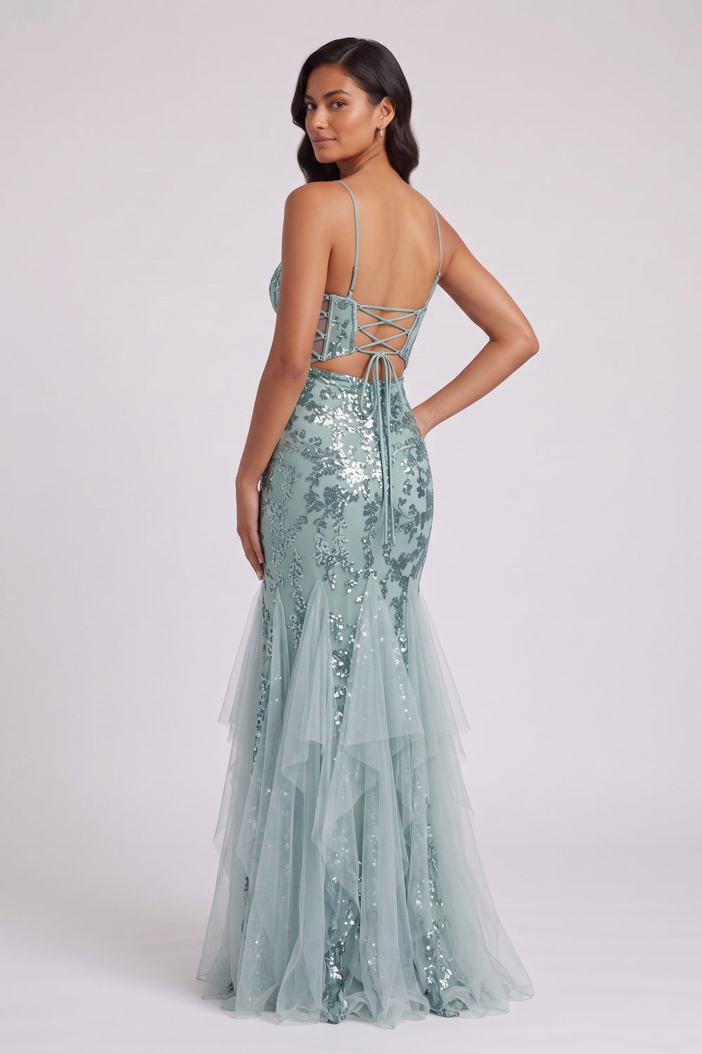 Seafoam Sequin Two-Piece Mermaid Evening Gown Premium Fabric - product view 1