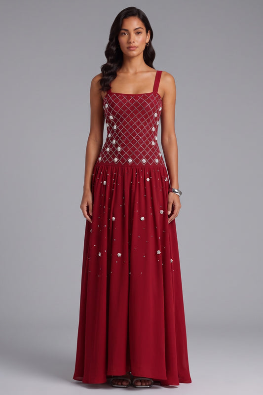 Square Strap Grid Rhinestone Pearl Flowy Maxi Dress