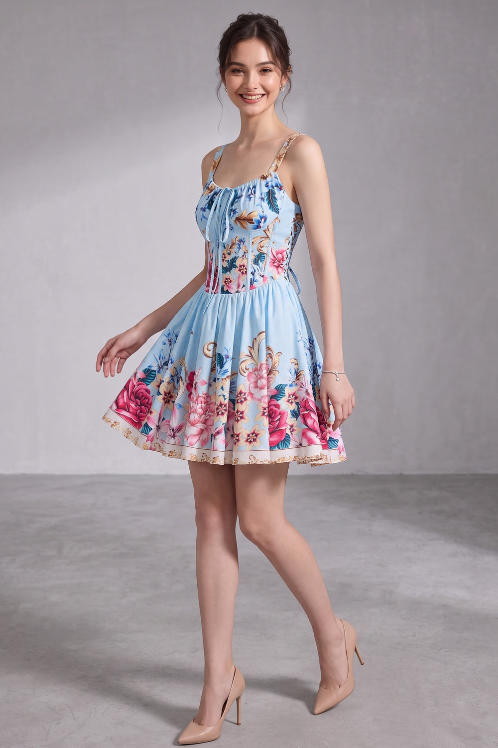 light blue structured cotton woven fit-and-flare dress light blue structured cotton woven dress - product view 2