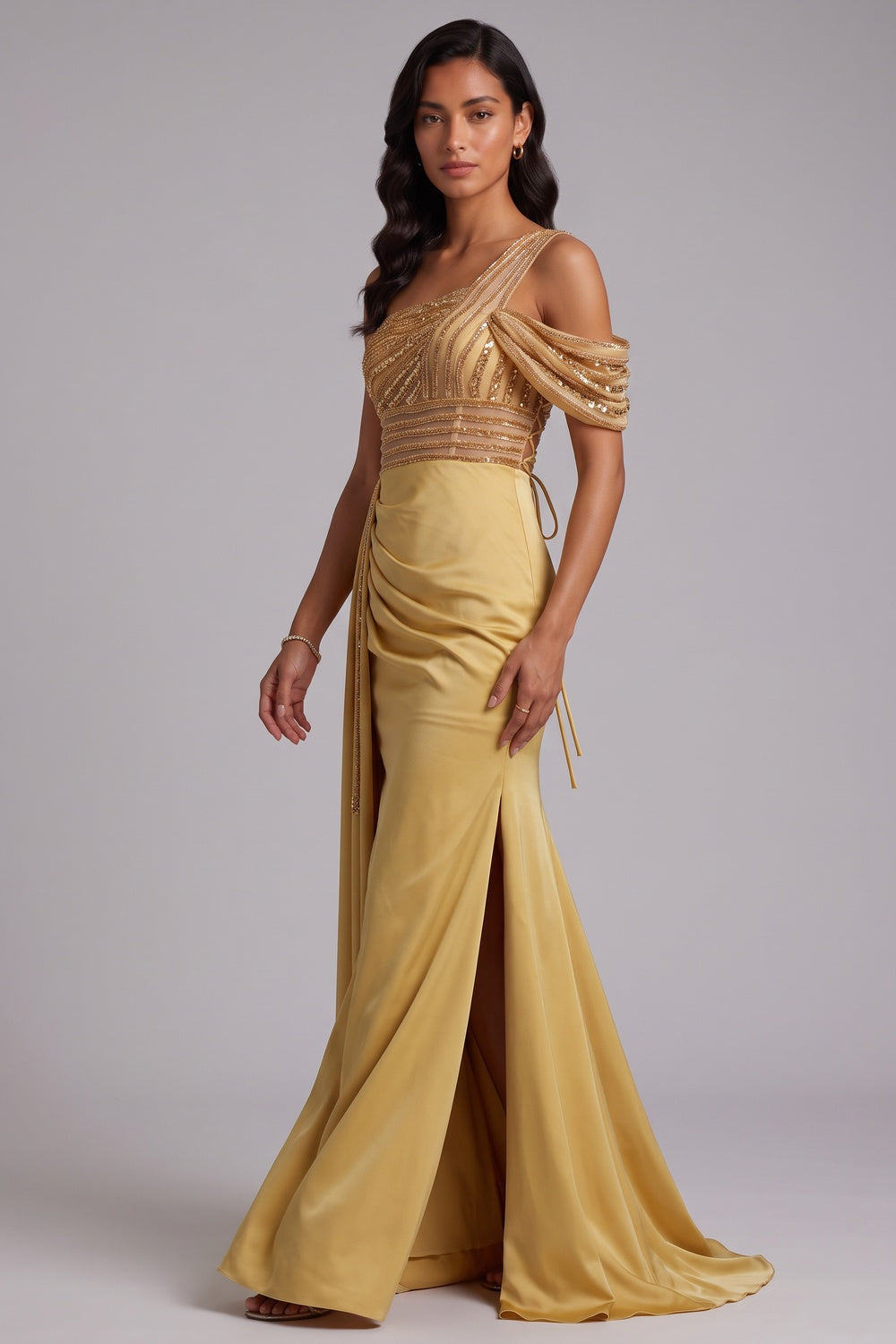 One Shoulder Beaded Mesh Draped Satin Mermaid Evening Gown