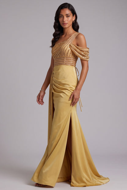 One Shoulder Beaded Mesh Draped Satin Mermaid Evening Gown