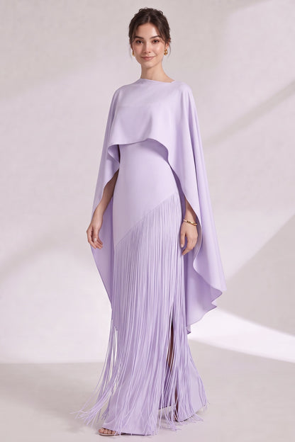 Lavender Structured Crepe Column Evening Gown with Asymmetrical Cape Overlay Lavender Structured crepe Evening gown - product view 4