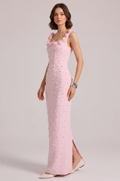 Pink 3D Rose Strap All Over Pearl Beaded Mermaid Maxi Gown