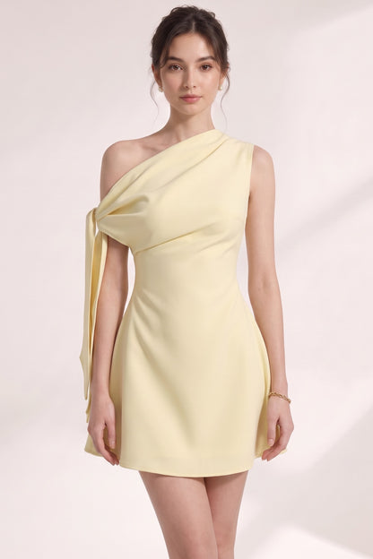 Pale Yellow Asymmetrical One-Shoulder A-Line Mini Dress pale yellow structured crepe mini dress - product view 2