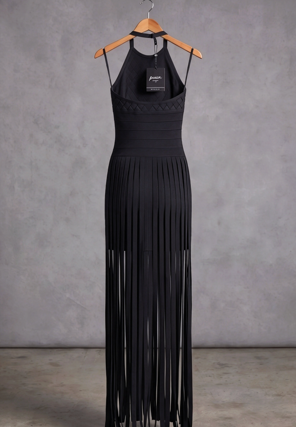 Black Bandage Knit Bodycon Gown with Fringe Overlay