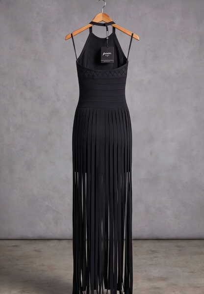 Black Bandage Knit Bodycon Gown with Fringe Overlay