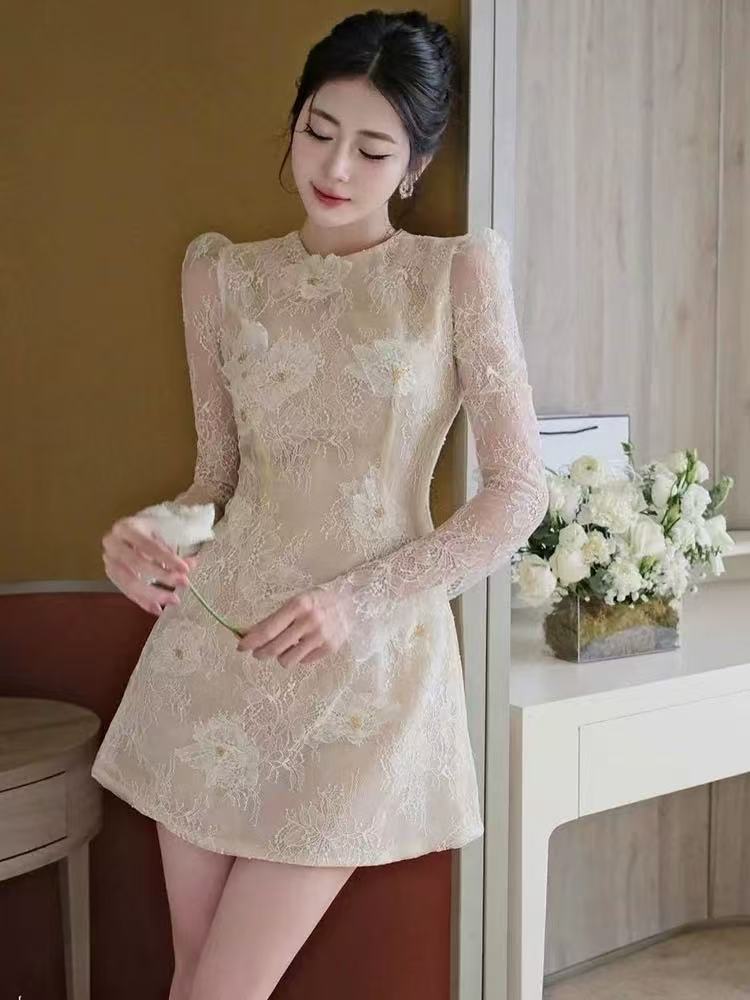 AMY Sheer Lace Long-Sleeve Floral Applique Mini Dress IN BEIGE