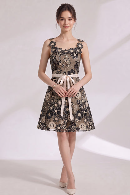 Black Embroidered Tulle Overlay A-Line Mini Dress black, cream embroidered tulle overlay dress - product view 2