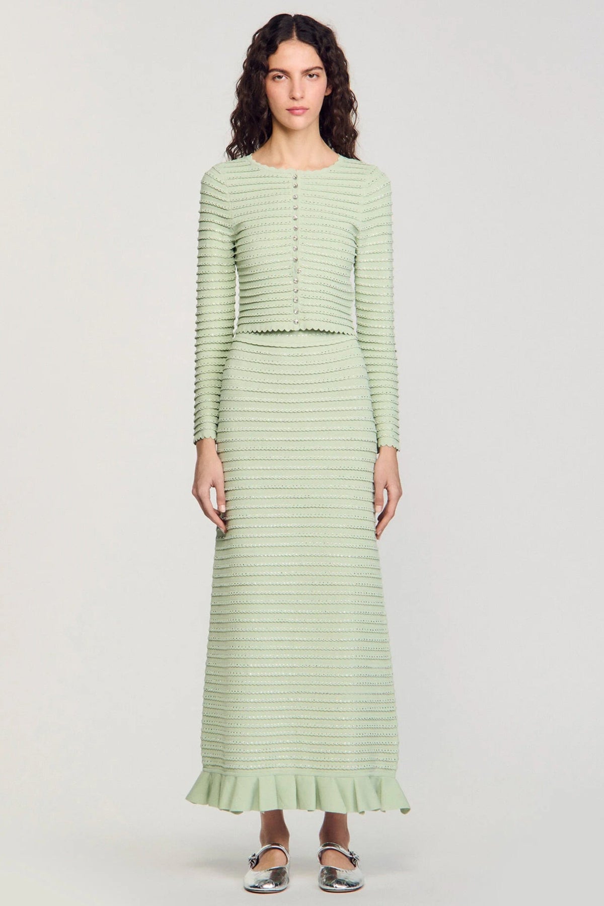 Rhinestone knit maxi skirt in Almond Green