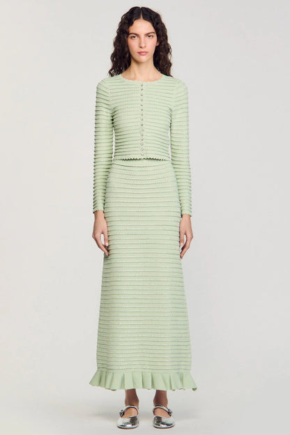 Rhinestone knit maxi skirt in Almond Green