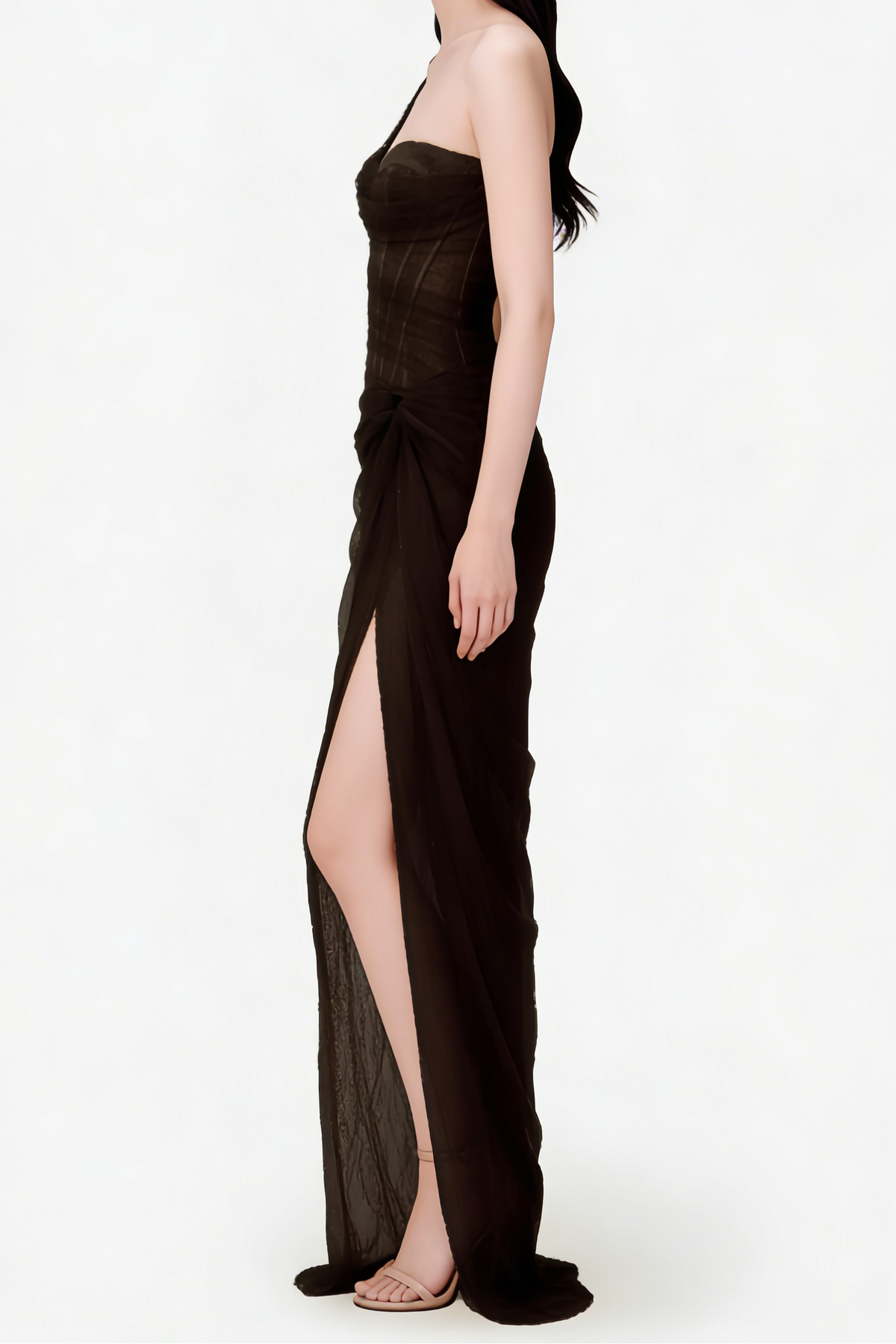 Lace Corset One Shoulder Midi Dress - Black