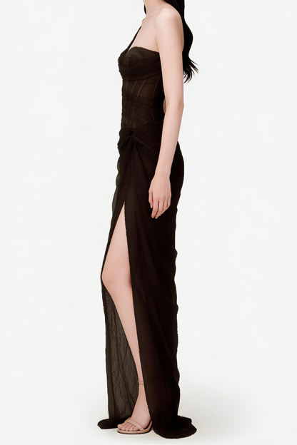 Lace Corset One Shoulder Midi Dress - Black