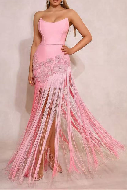 Ezgi Chic Contour Strapless Floral Fringe Bandage Maxi Dress