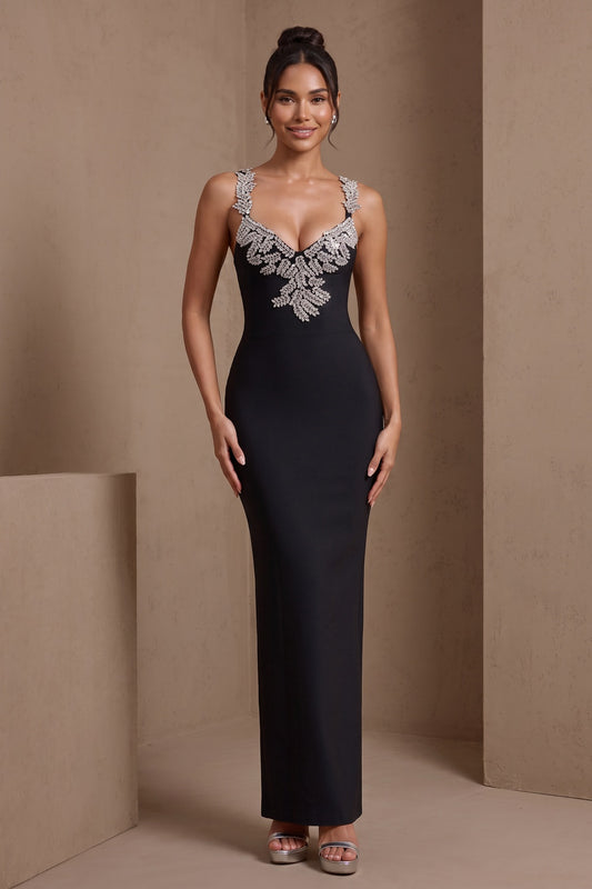 Black Sweetheart Spaghetti Strap Leaf Crystal Rhinestone Embellished Mermaid Maxi Formal Dress