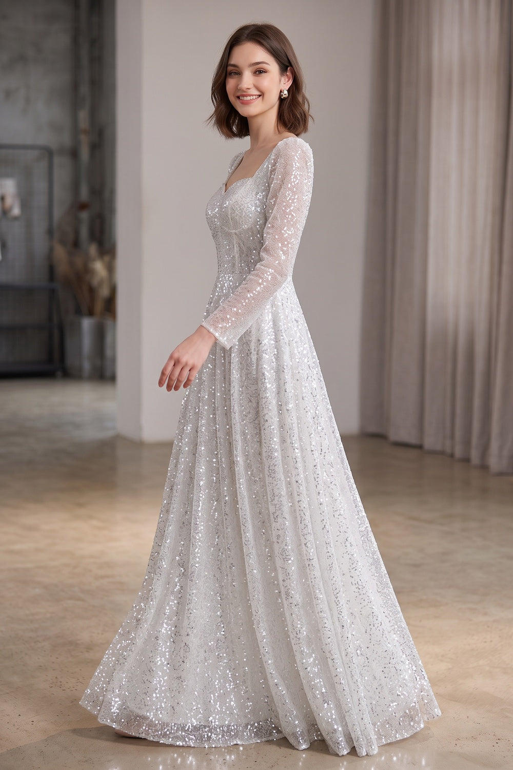 Silver Sequined Tulle Overlay A-Line Evening Gown silver, white sequined tulle overlay evening gown - product view 3