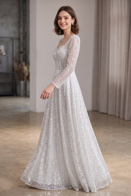 Silver Sequined Tulle Overlay A-Line Evening Gown silver, white sequined tulle overlay evening gown - product view 3