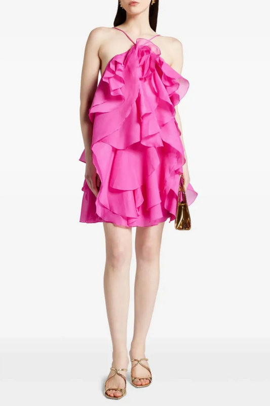 lorraine Halter Floral Ruffle Layered Mini Dress in Fuchsia