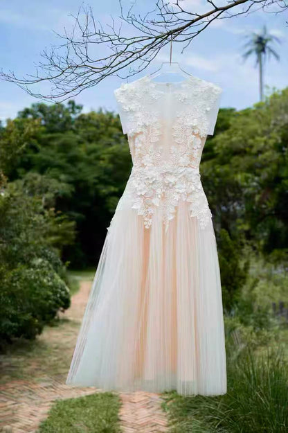floral appliqué bodice sleeveless midi dress in beige