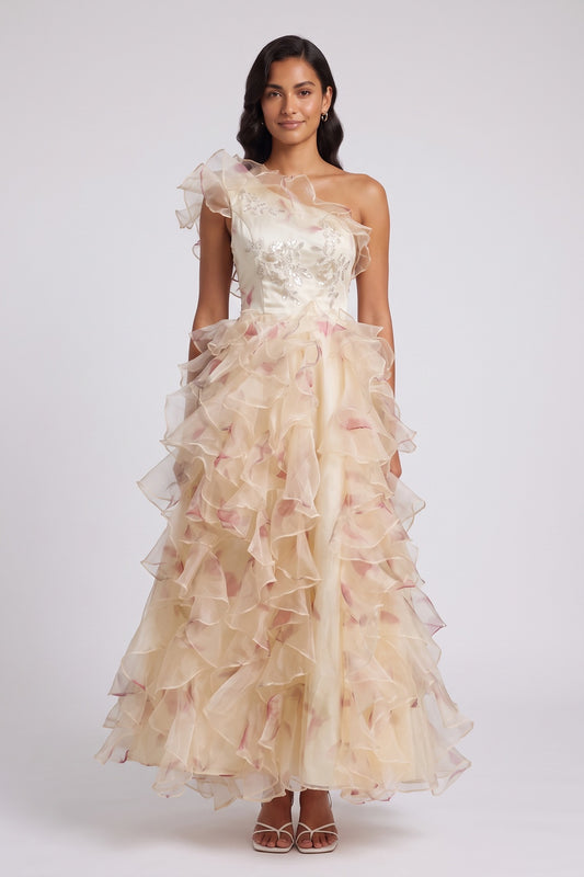 One-Shoulder Ruffled Floor-Length Dress with Corset Back Premium Fabric - product view 2