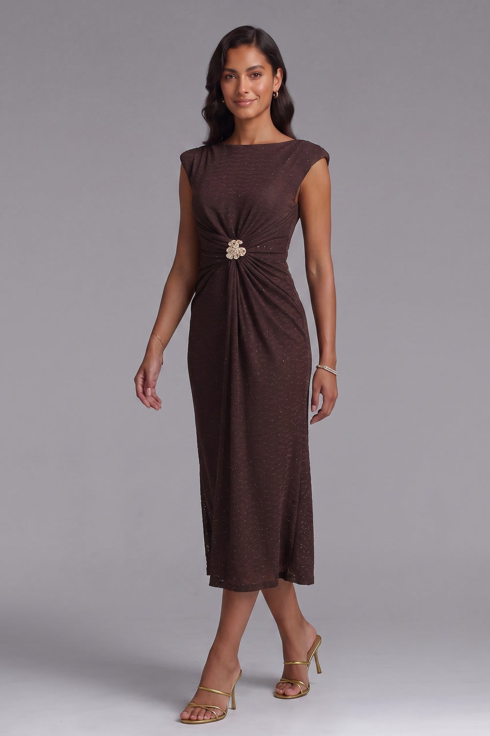 Dark Brown Textured Knit Fitted Sheath Dress with Brooch dark brown textured knit dress - product view 4