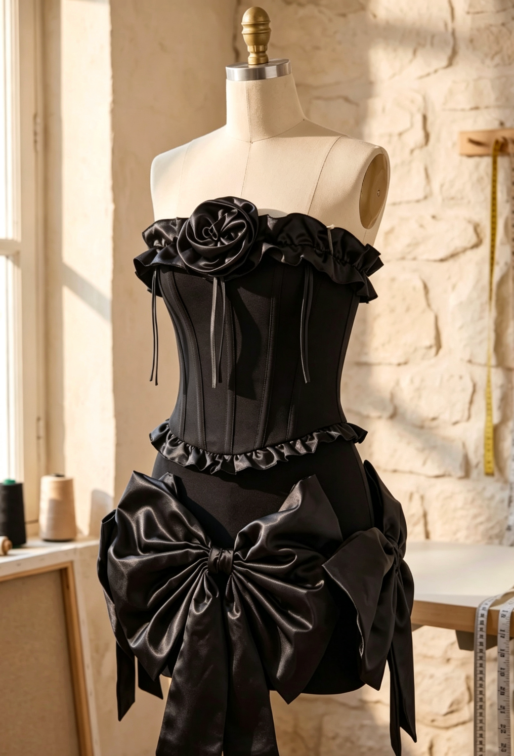 Black Structured Matte Crepe Fitted Corset with Voluminous Satin Bow Mini Skirt Two-Piece Set