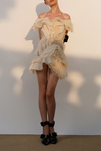 Theia Ruffle Layers Strapless Mini Dress In Beige
