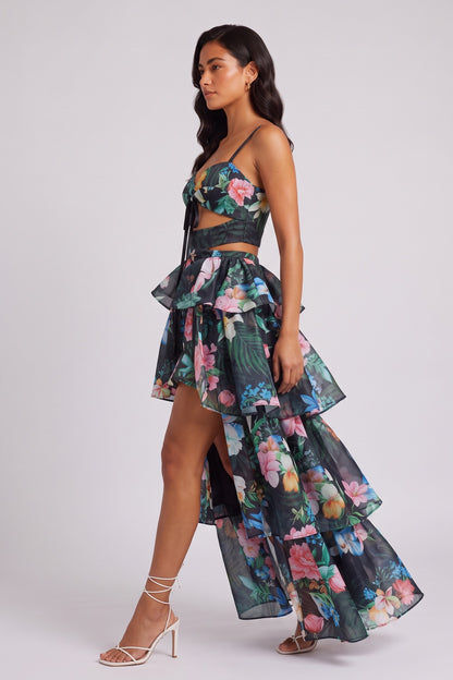 Tropical Floral Cutout High Low Tiered Maxi Dress