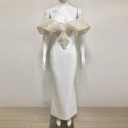 Off-Shoulder pearl embellished bodycon maxi dress in white