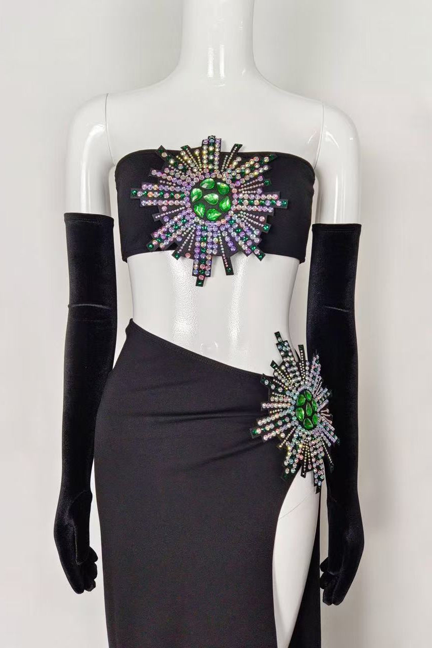 RHINESTONE HIGH SPLIT SKIRT SET WITH GLOVES