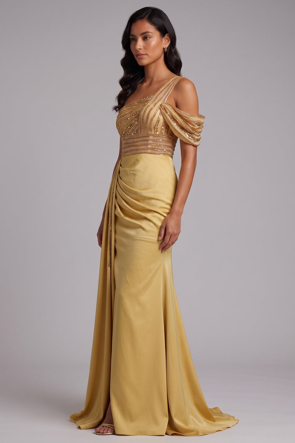 One Shoulder Beaded Mesh Draped Satin Mermaid Evening Gown