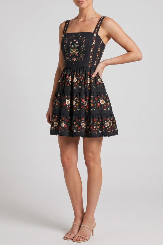 Square Neck Floral Print Tiered Spaghetti Strap Mini Dress