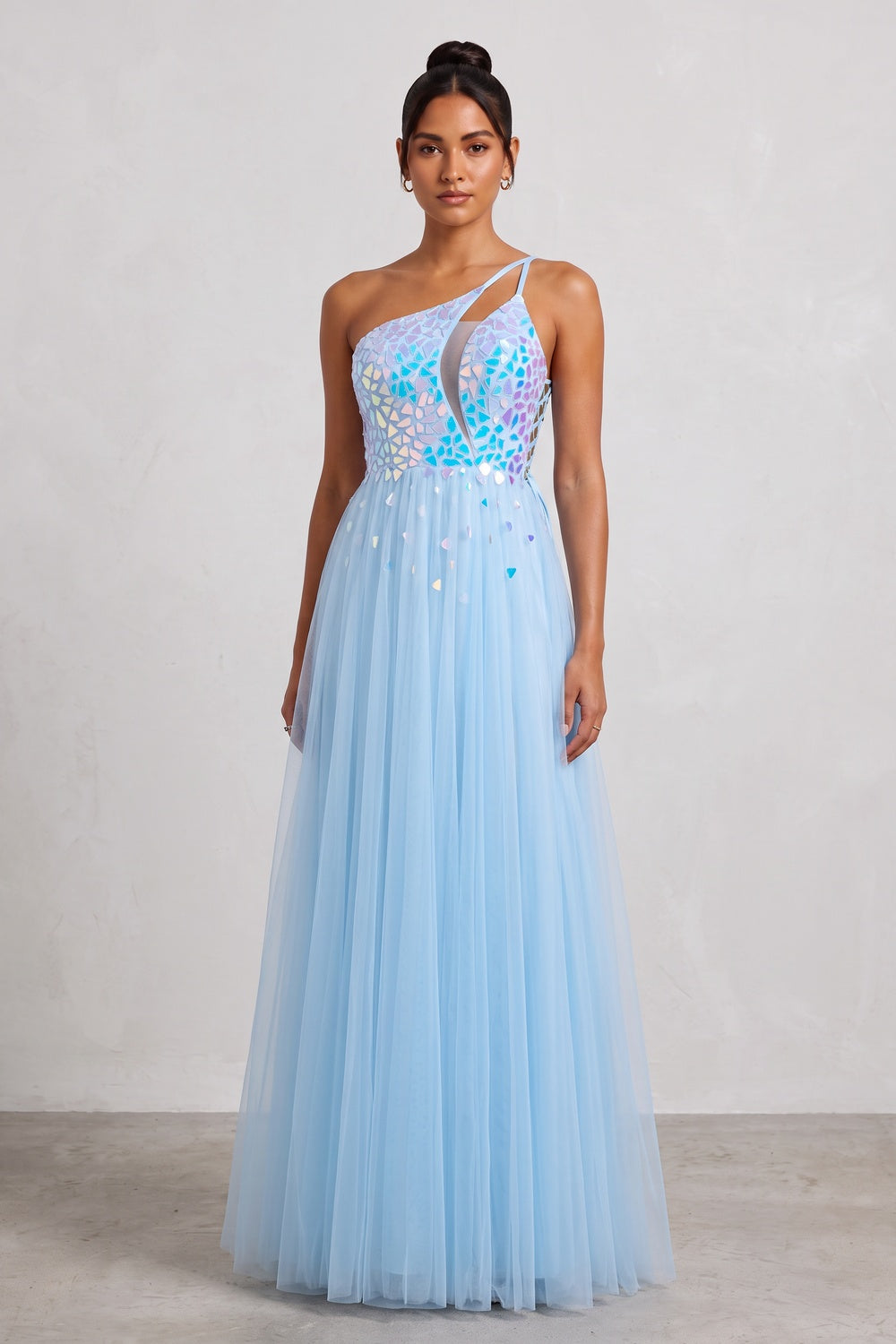 Light Blue Iridescent Tulle Evening Gown with Lace-Up Back Premium Fabric - product view 3