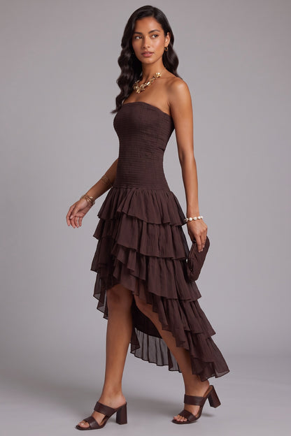 Strapless Smocked Tiered High Low Midi Dress