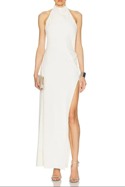 sharon halter backless high slit diamond maxi dress in white