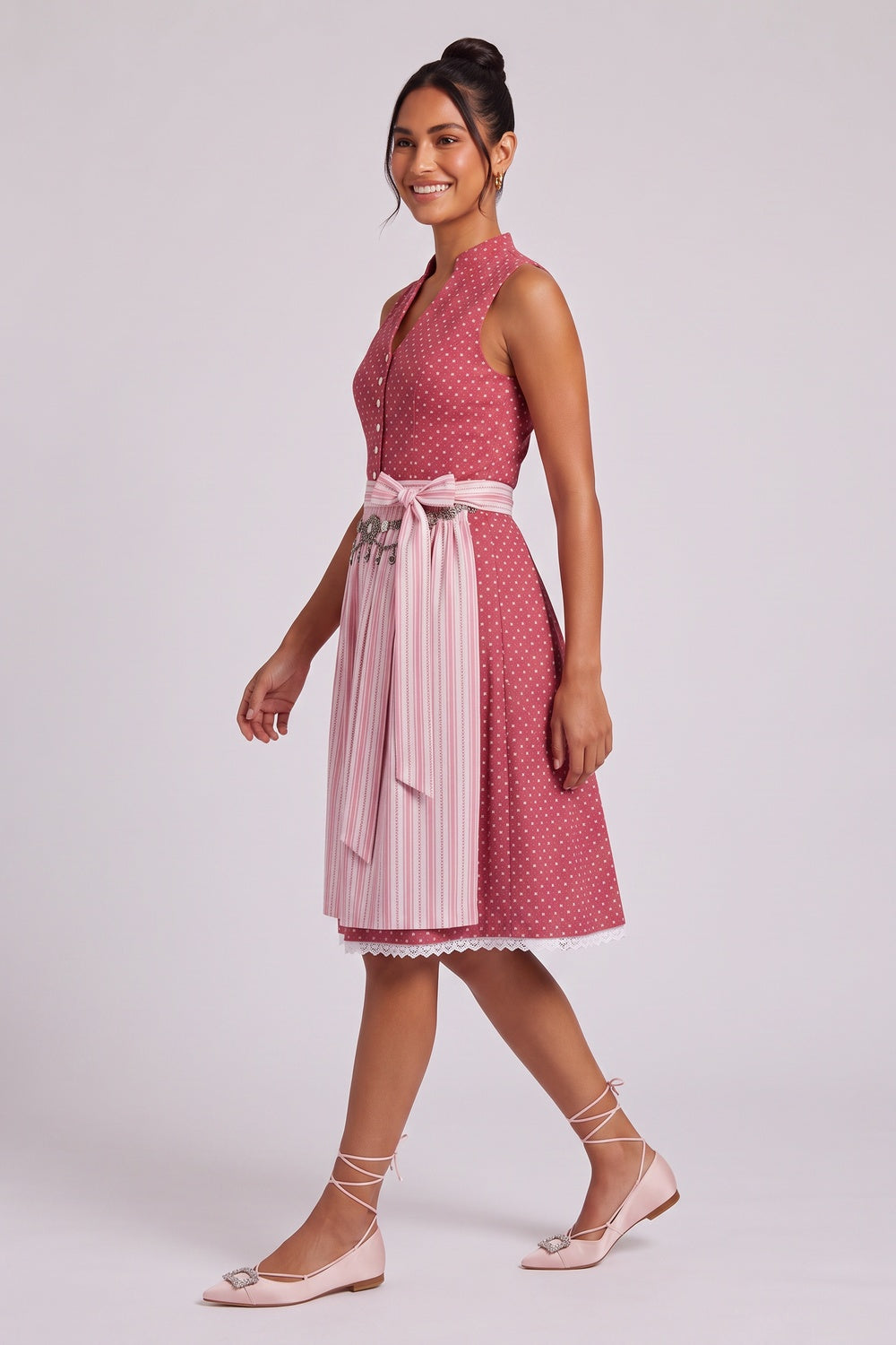 red cotton woven fit-and-flare dirndl dress red, white cotton woven dirndl dress - product view 3