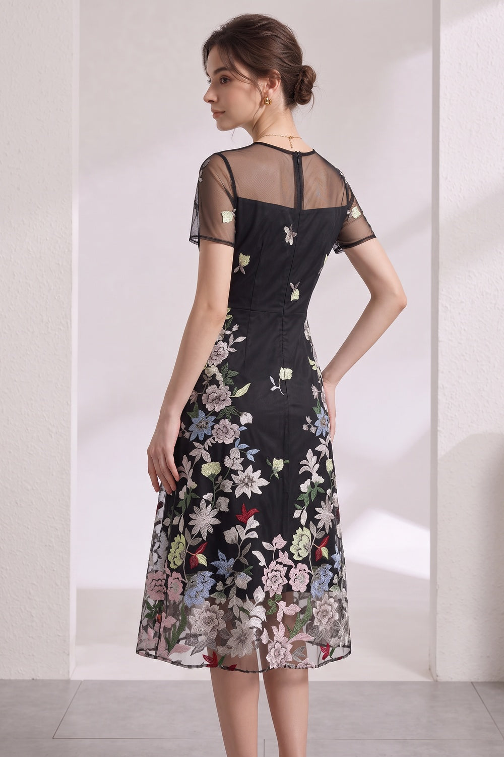Black Floral Embroidery A-Line Midi Dress with Sheer Mesh Overlay black sheer mesh overlay dress - product view 2