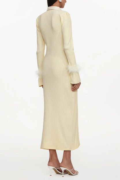 irma yellow Long Sleeve Feather Knit Maxi Dress
