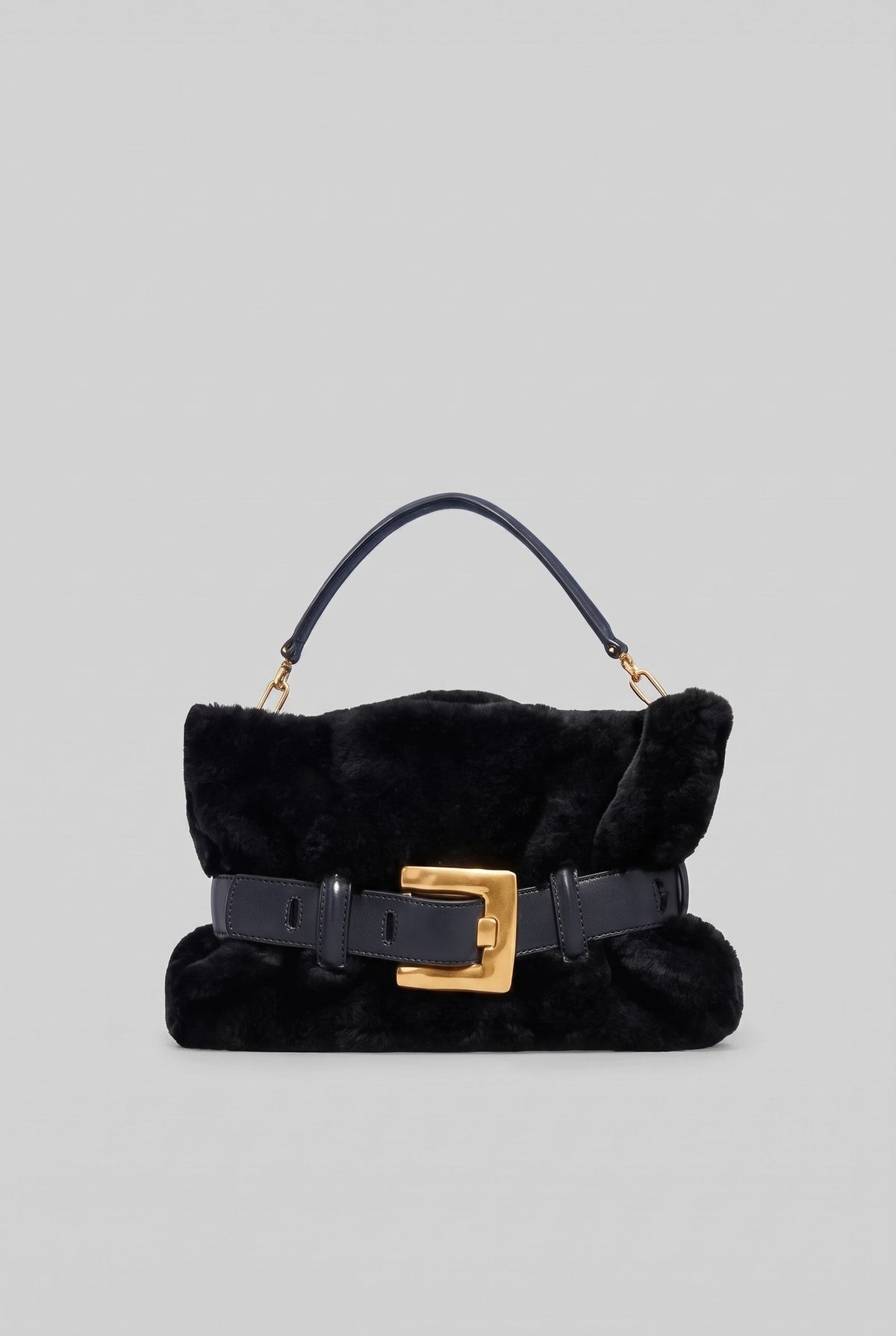 Faux Fur Handbag with Belt Buckle Detail – Black