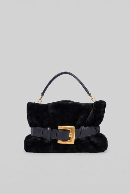 Faux Fur Handbag with Belt Buckle Detail – Black