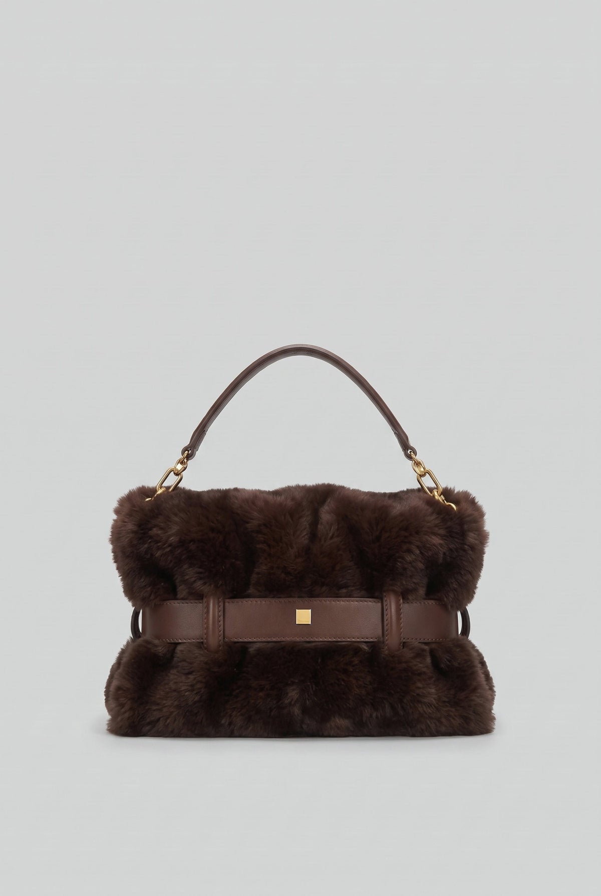 Faux Fur Handbag with Belt Buckle Detail – Brown