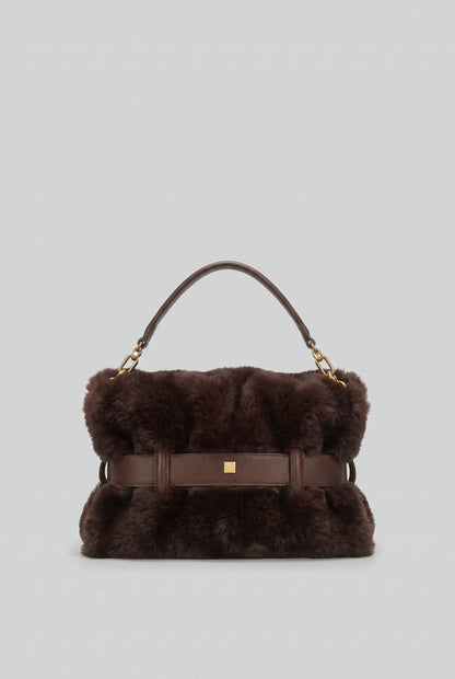 Faux Fur Handbag with Belt Buckle Detail – Brown