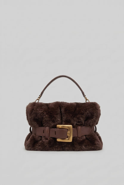 Faux Fur Handbag with Belt Buckle Detail – Brown