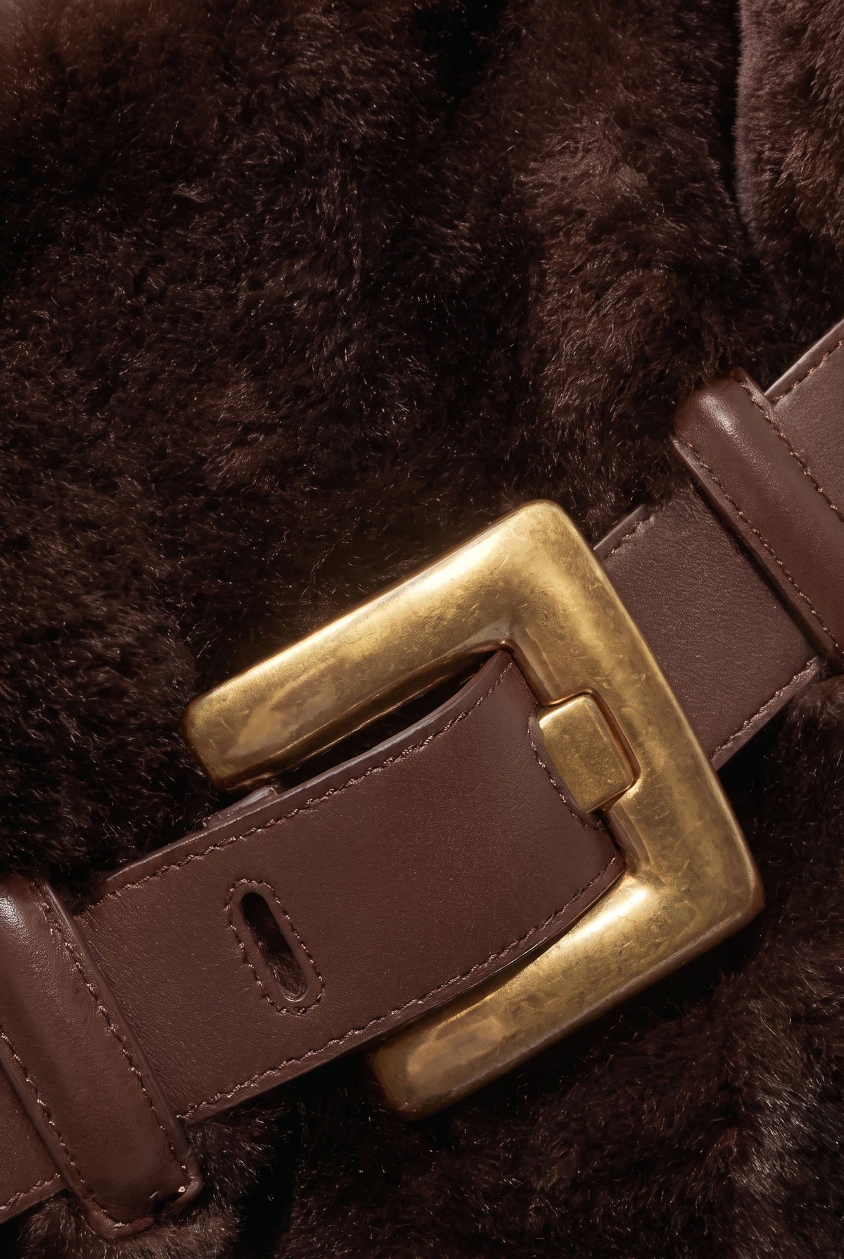 Faux Fur Handbag with Belt Buckle Detail – Brown
