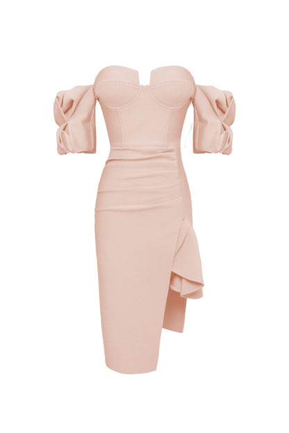 STRAPLESS DRAPED SLEEVE SLITS BANDAGE DRESS IN BEIGE