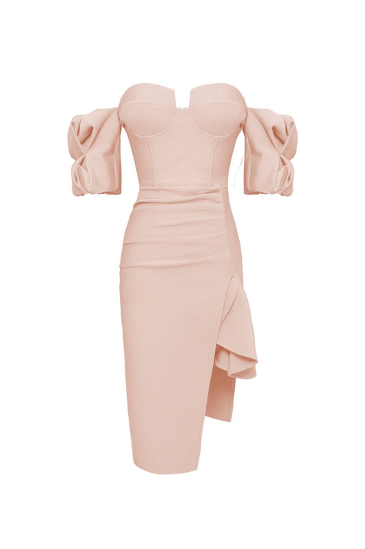STRAPLESS DRAPED SLEEVE SLITS BANDAGE DRESS IN BEIGE