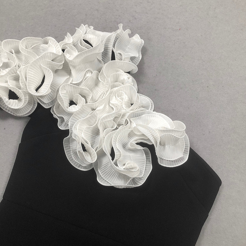 white flower embellished strapless black  midi dress